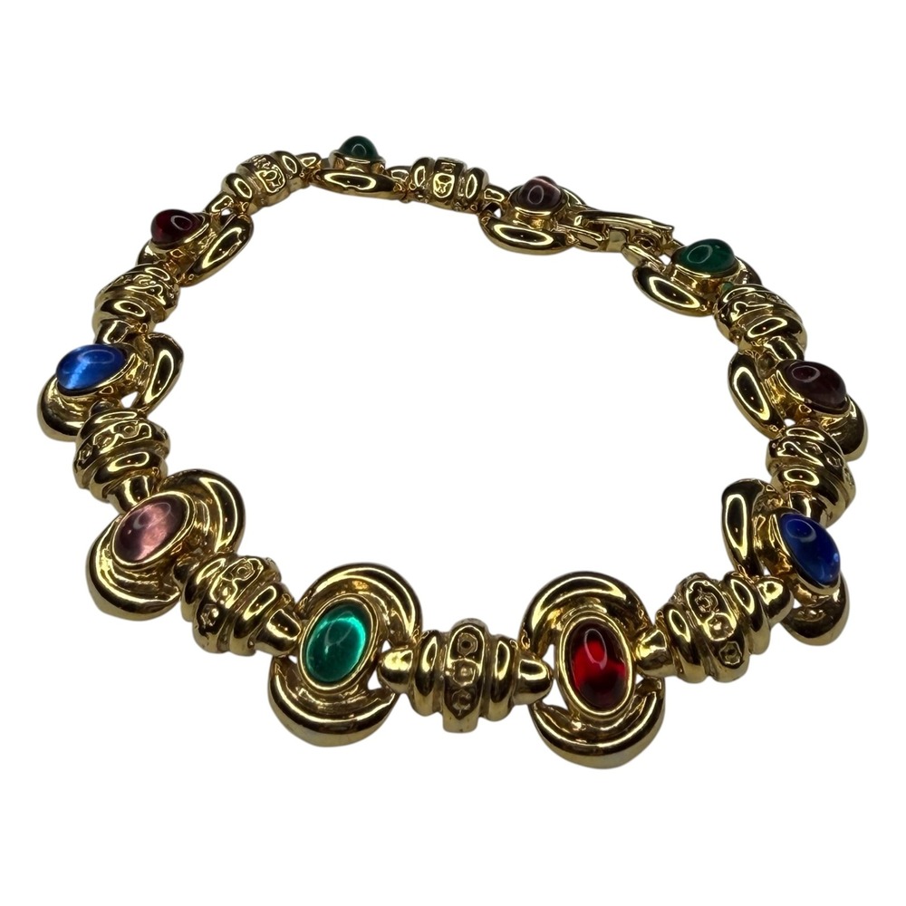 Vintage Link Bracelet Gold Tone 7.25in Multi Color Cabochon Vintage Style